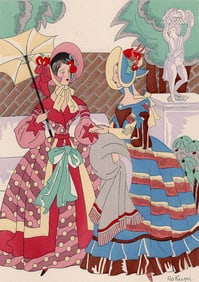 RO KEEZER Vintage SIGNED Color Pochoir The Friendly Chat Framed