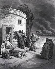 1800s GUSTAVE DORE Religious Woodcut Job Hears of His Misfortunes FRAMED SIGNED