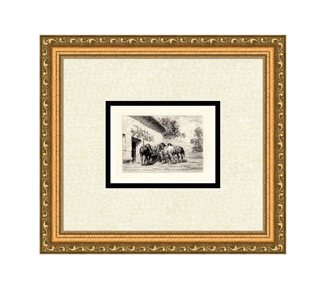 1871 Jules Jacques Veyrassat Horses at the Watering Hole etching signed (1 of 2)