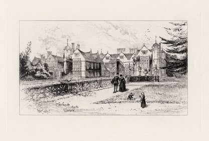 Herbert Railton 1888 etching Charlecote from the Terrace signed