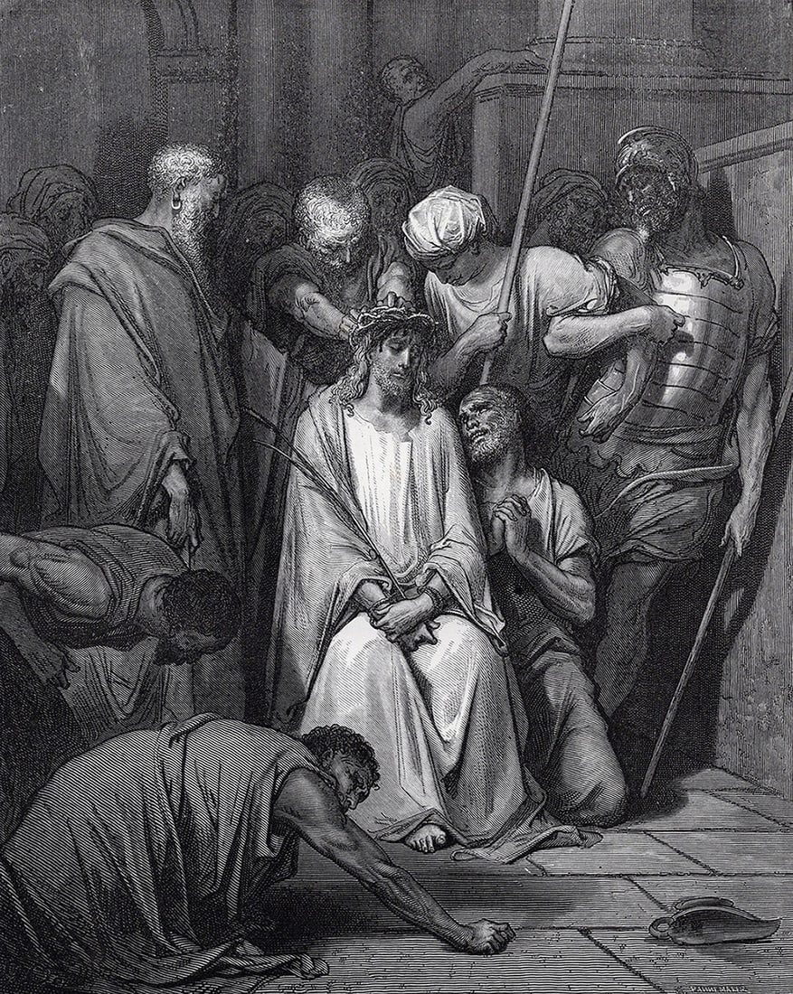 1800s DORE Religious Wood Engraving "The Soldiers Mock Jesus" FRAMED Signed: Gustave Dore (Paul Gustave Louis Christophe Dore) (French, 1832-1883). The Crown Of Thorns (from Dore's Bible). Antique Wood Engraving on wove paper after the original by master wood engraver Adolphe