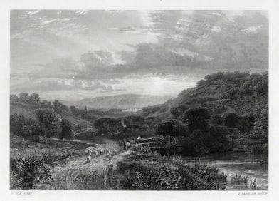 1800s George Vicat COLE Antique Engraving Sunset Sussex Signed FRAMED COA