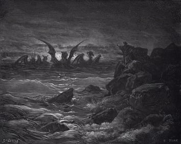 FRAMED 1800s Gustave Dore Biblical Woodcut Daniel's Vision of Four Beasts Signed