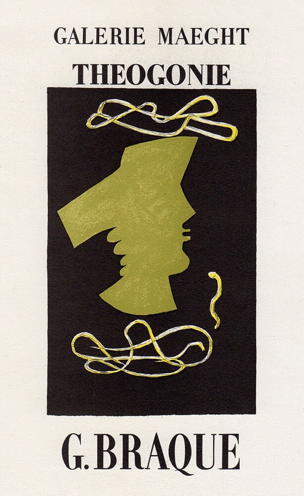 Georges Theogonie 1959 lithograph: Georges Braque. "Theogonie". Color lithograph after the original poster. 1959. Excellent Notes: 1954 Exhibition poster for Braque at Galerie Maeght. Printed by Mourlot for Sauret after the original po