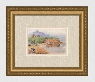 1800's Agnes Buchan-Hepburn Antique Watercolor Biarritz Fishermen Framed