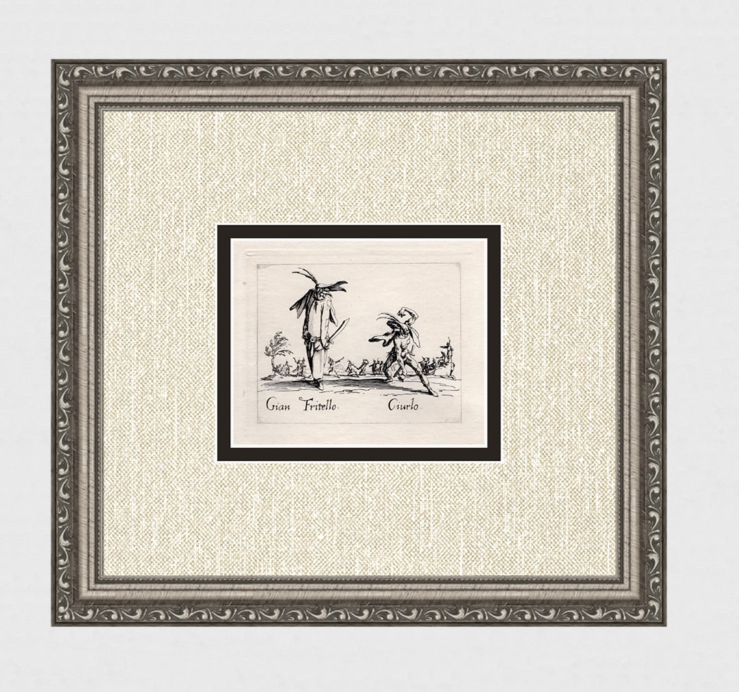 CALLOT 1920 Engraving "Outlandish Masked Dancers" Framed: Jacques Callot (French, c.?1592 - 1635). Gian Fritello & Giurlo, from Balli di Sfessania. Antique engraving on japon paper after the original created in 1622. Year: c. 1920. Limited edition of only 50