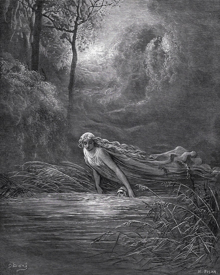 1800s DORE Woodcut Divine Comedy "Dante in the River of Lethe" FRAMED Signed: Gustave Dore (Paul Gustave Louis Christophe Dore) (French, 1832-1883). Chant 31 Dante and the River of Lethe (from Dante's Divine Comedy Purgatory). Antique woodcut on wove paper after the original by