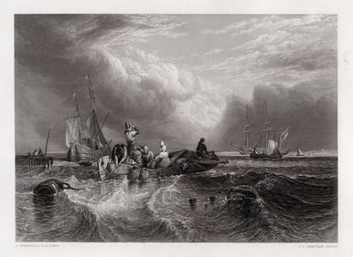 Clarkson STANFIELD SIGNED 1800s Engraving The Market-Boat FRAMED