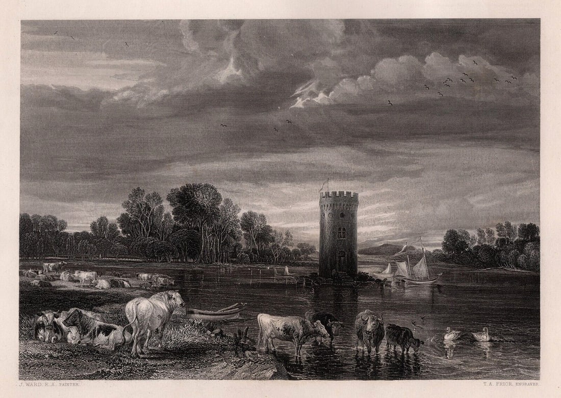 JAMES WARD SIGNED 1800s Engraving Tabley Park, Cheshire FRAMED: James Ward (English, 1769-1859). De Tabley Park. Antique engraving on wove paper after the original oil on canvas by master engraver by Thomas Abel Prior, British (1809 - 1886). Signed in the plate. Y