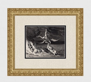 1800s Gustave DORE Wood Engraving "A Flight and Pursuit in Hell" SIGNED FRAMED