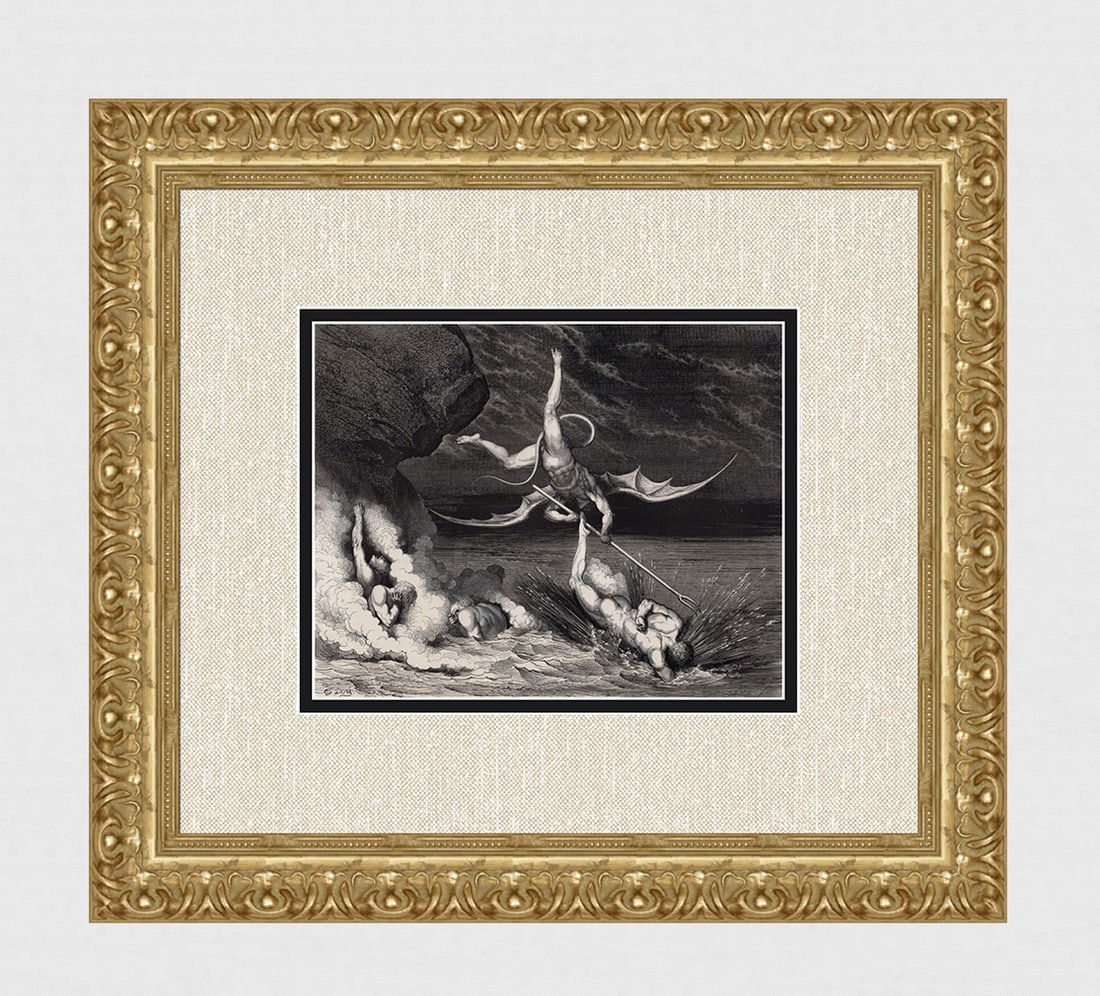 1800s Gustave DORE Wood Engraving "A Flight and Pursuit in Hell" SIGNED FRAMED: Gustave Dore (Paul Gustave Louis Christophe Dore) (French, 1832-1883). A Flight And Pursuit In Hell (Divine Comedy, Inferno). Antique Wood Engraving wove paper after the original by a master wood engr