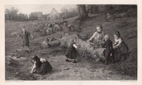 FRAMED 1800s Ludwig Knauss Engraving Young Children at Play SIGNED