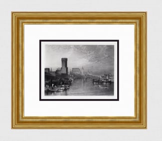 William Turner 1800s Engraving River Scene with Boats Framed Signed