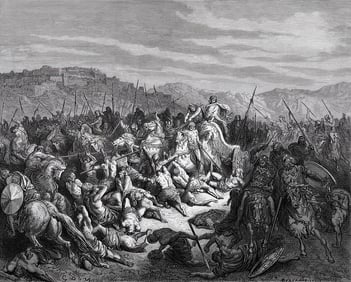 1800s Gustave Dore Religious Woodcut Slaughter of the Syrians Signed Framed