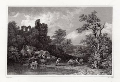 Philip James de Loutherbourg Landscape and Figures 1834 Engraving Signed