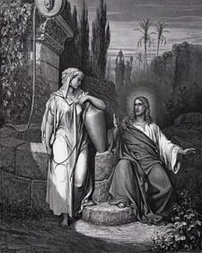 FRAMED 1800s Gustave DORE Religious Woodcut Jesus & the Woman of Samaria SIGNED