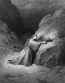 1800s SIGNED GUSTAVE DORE Woodcut REPENTANT MARY MAGDALENE Framed