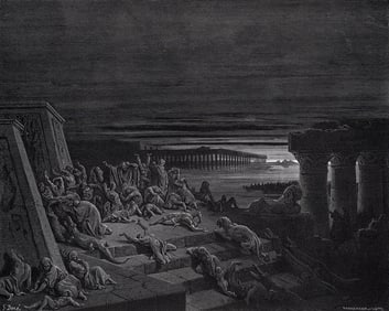 1800s Gustave Dore Wood Engraving The Ninth Plague: Darkness Framed Signed