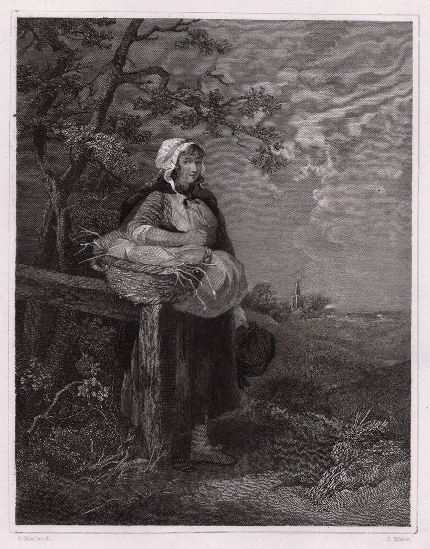 1834 George Morland The Market Girl engraving signed: George Morland. (English, 1763-1804). The Market Girl. Antique steel engraving on wove paper after the original painting by master engraver Charles W. Marr,. 1834. Signed in the plate. Excellent. Imag