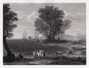 1800s Claude Lorrain Engraving Jupiter deceives Europa Signed Framed