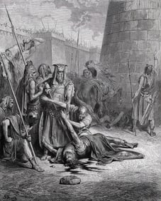 1800s GUSTAVE DORE Wood Engraving A Millstone Dropped on Abimelech FRAMED SIGNED