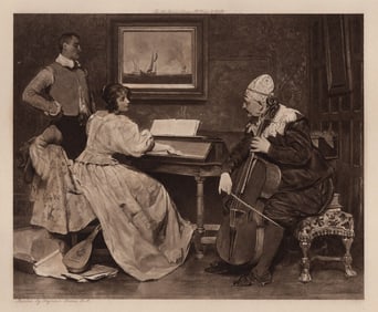 John Seymour Lucas Detailed Antique Print "The Musical Trio" Signed Framed