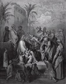 1800s Gustave Dore Bible Woodcut "The Little Children & Jesus" Signed Framed