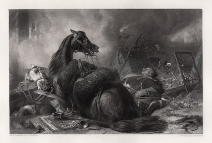 SIGNED 1800s Edwin LANDSEER Engraving Fallen Soldiers & Horses FRAMED