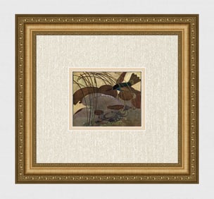 Helena Johnova Antique Color Print Landscape with Bird Framed