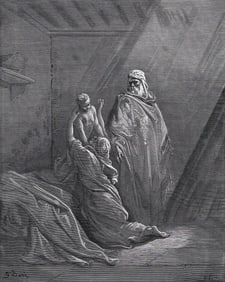1800s Gustave Dore's Bible Woodcut Elijah Raises the Widow's Son Framed Signed