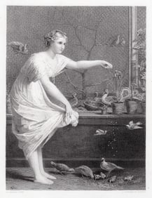 Hamon 1879 engraving Feeding the Chickens signed