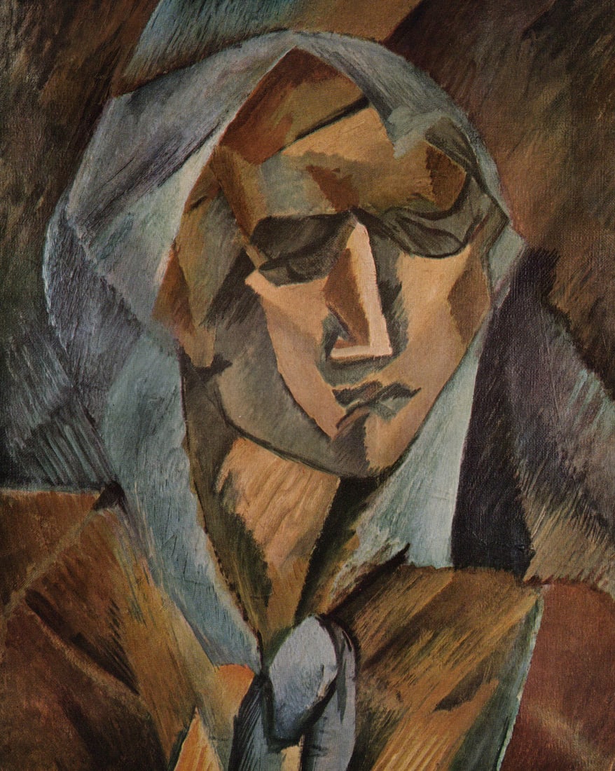 1956 GEORGES BRAQUE Vintage Color Print Woman Wearing a Scarf FRAMED: Georges Braque (French, 1882-1963). Tete De Femme (Woman's Head). Vintage offset lithograph after the original painting. Year: 1956. Printer: Draeger Freres. Image Size 6 7/8 x 8 5/8 inches. Framed di