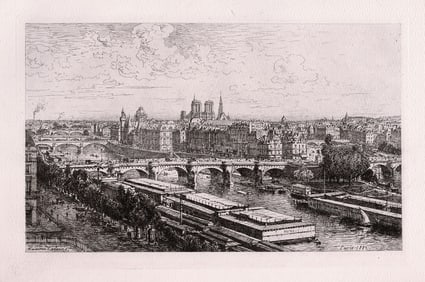 Maxime Lalanne 1883 etching Paris from the Window of the Louvre signed