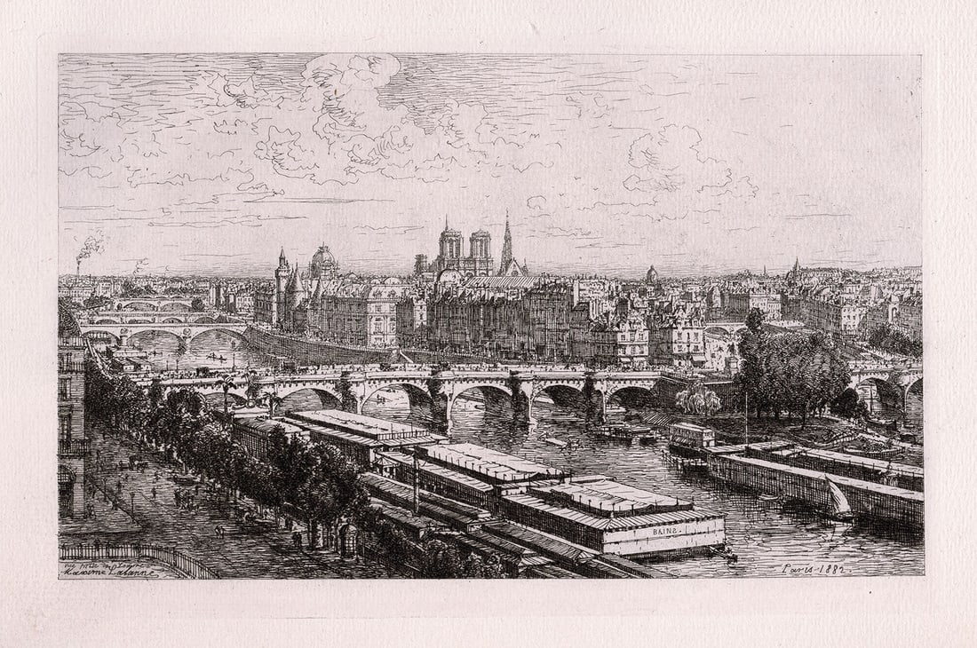 Maxime Lalanne 1883 etching Paris from the Window of the Louvre signed: Maxime Lalanne. (French, 1827-1886). Paris from the Window of the Louvre. Original etching on laid paper. 1883. Signed in the plate, lower left. Excellent. Image Size 7 3/8 x 11 3/8 inches. Approximat