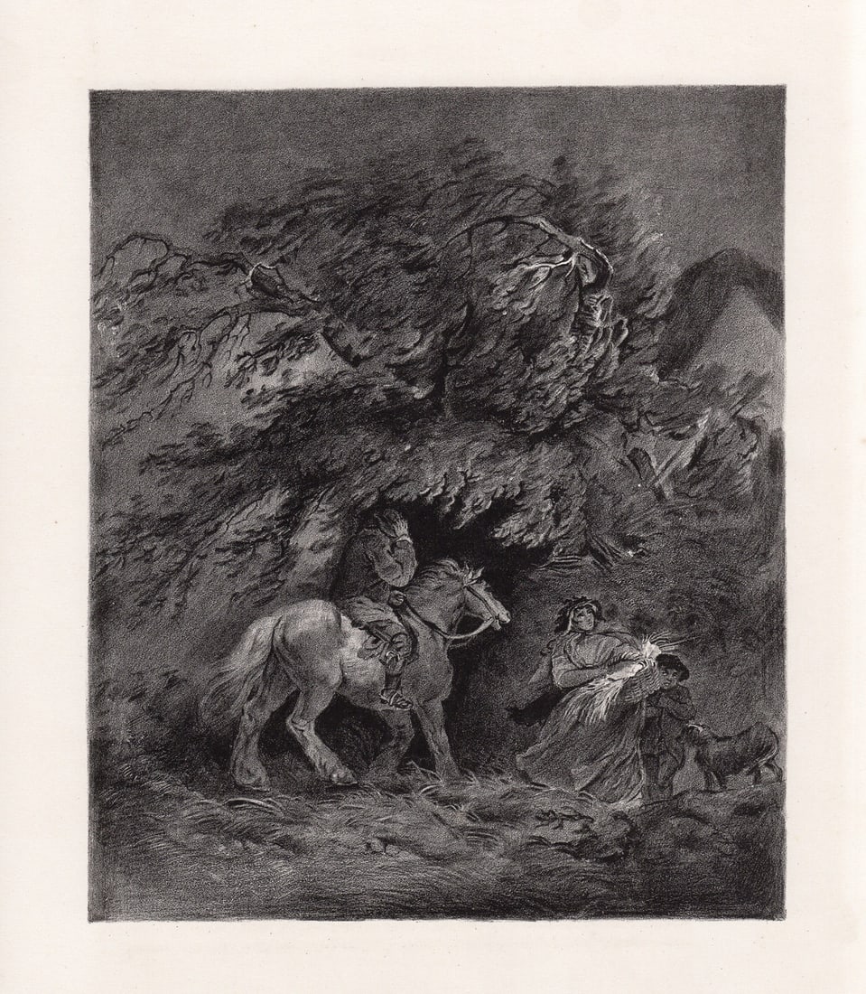 George Morland The Storm 1873 lithograph: George Morland. (English, 1763-1804). The Storm. Antique stone lithograph on wove paper after the original by master engraver Edward Mitchell (British, 1797 - 1845; fl. c.). 1873. Excellent. Image Siz