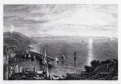 JMW TURNER 1800s Engraving Coastal View with Ships & Boats Framed Signed