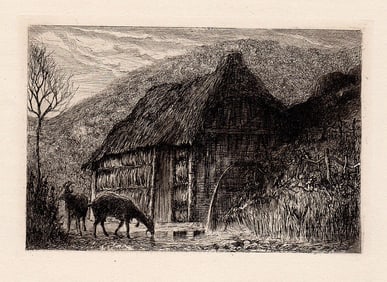 Philip Gilbert Hamerton Goats and a Thatched Roof Cottage etching signed