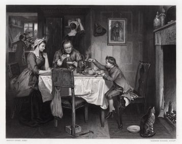 Marcus STONE 1800s Engraving Interior with Family FRAMED Signed