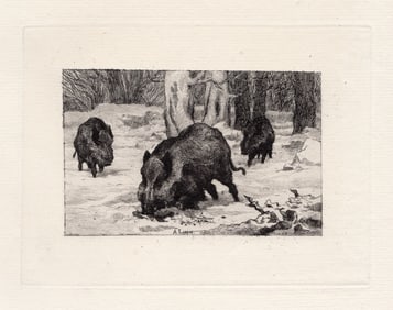1874 Auguste Andre Lancon Wild Boars etching signed
