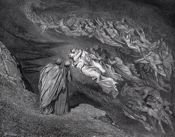 1800s DORE Divine Comedy Woodcut "Paolo & Francesca Tragedy" FRAMED Signed