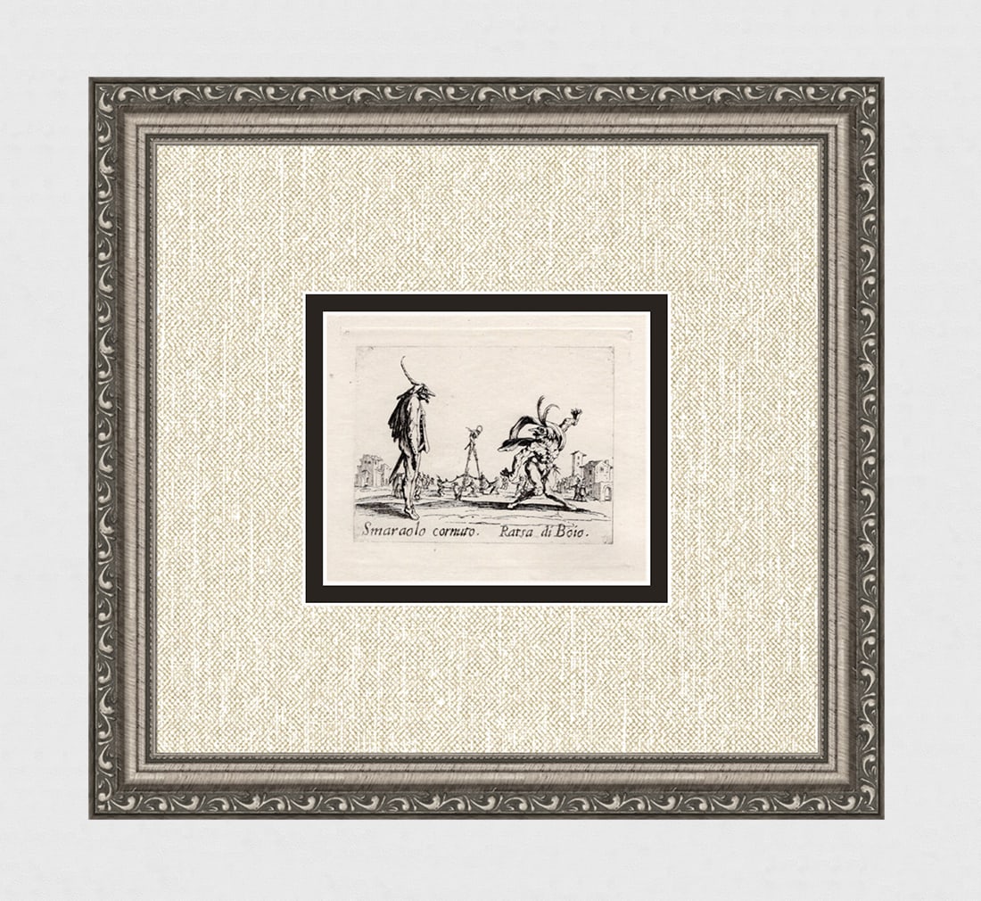 1920 CALLOT Engraving "Smaraolo Cornuto & Ratsa Di Boio" Limited Framed: Jacques Callot (French, c.?1592 - 1635). Smaraolo Cornuto & Ratsa Di Boio, from Balli di Sfessania. Antique engraving on japon paper after the original created in 1622. Year: c. 1920. Edition: Limited