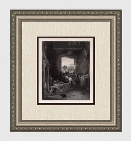 SIGNED 1800s William MULREADY Engraving The Anxious Wife FRAMED