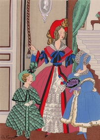 RO KEEZER SIGNED French Color Pochoir Mother & Children FRAMED