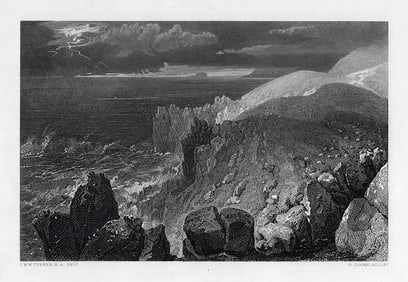 1800s William Turner Engraving Rocky Shoreline at Land's End FRAMED SIGNED