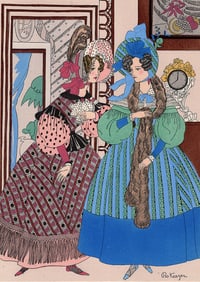 RO KEEZER Vintage French Color Pochoir The Conversation Signed Framed