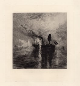 1874 JMW Turner Fire Aboard the Wilkie at Sea etching signed