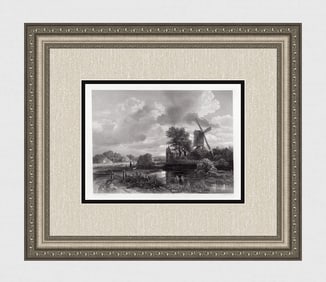 1800s RUISDAEL Engraving Landscape with Pond & Windmill Signed Framed
