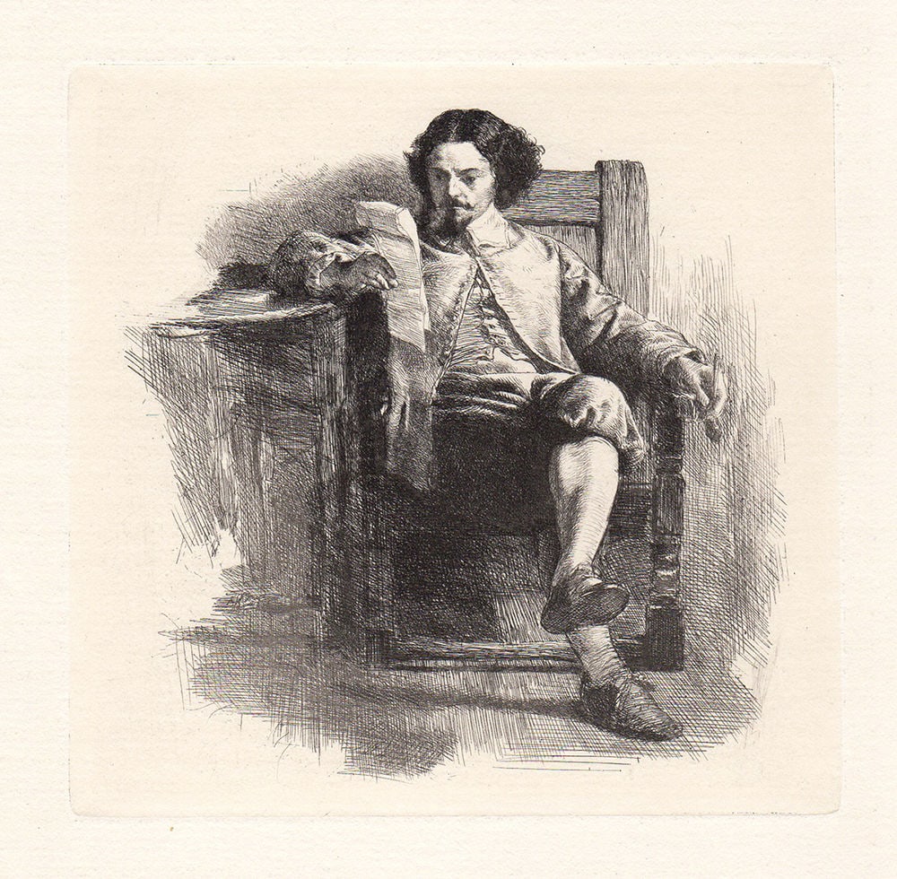 John Dawson Watson The Ballad 1873 etching: John Dawson Watson. (British, 1832 - 1892). The Ballad. Antique hand pulled copper plate etching on laid paper. 1873. Excellent. Image Size 5 x 5 inches. Approximately 14 x 14 inches. This piece has b