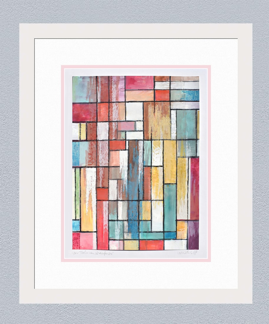 Mathis Original Gouache Stained Glass Framed Swiss: Josef Johann Mathis (Joe Mathis, 1913 - 2002; Swiss). The Dream of the Church Window (Der Traum vom Kirchenfenster). Original Mixed Media Gouache on paper. Year: 1988. Hand signed and dated in pencil,