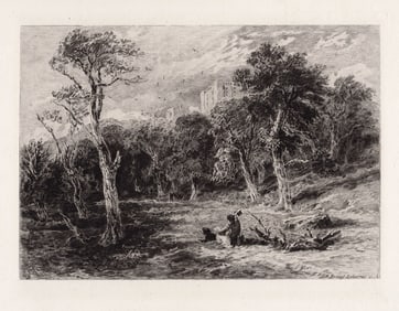 David Cox 1877 etching Hardwick Hall signed